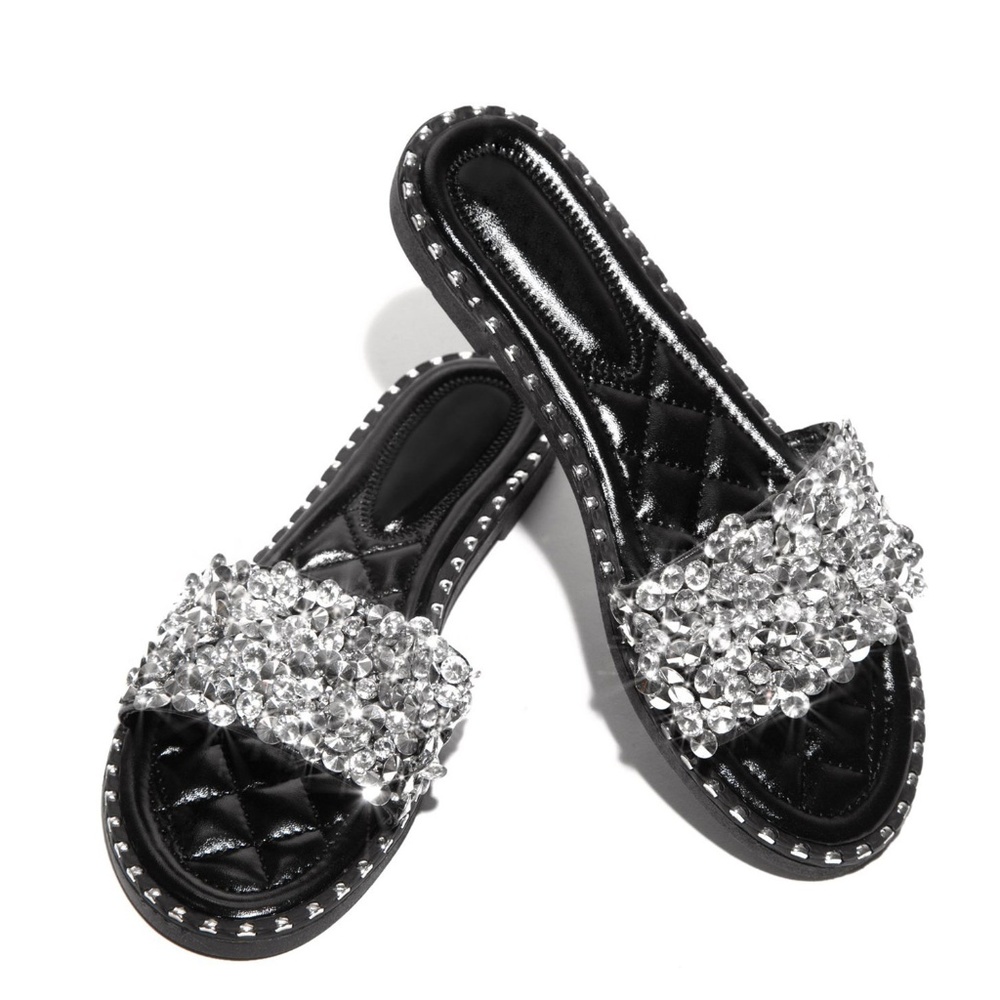 NEW🔥Open Toe Rhinestone Crystal Slide Flat Sandal - Picture 2 of 4